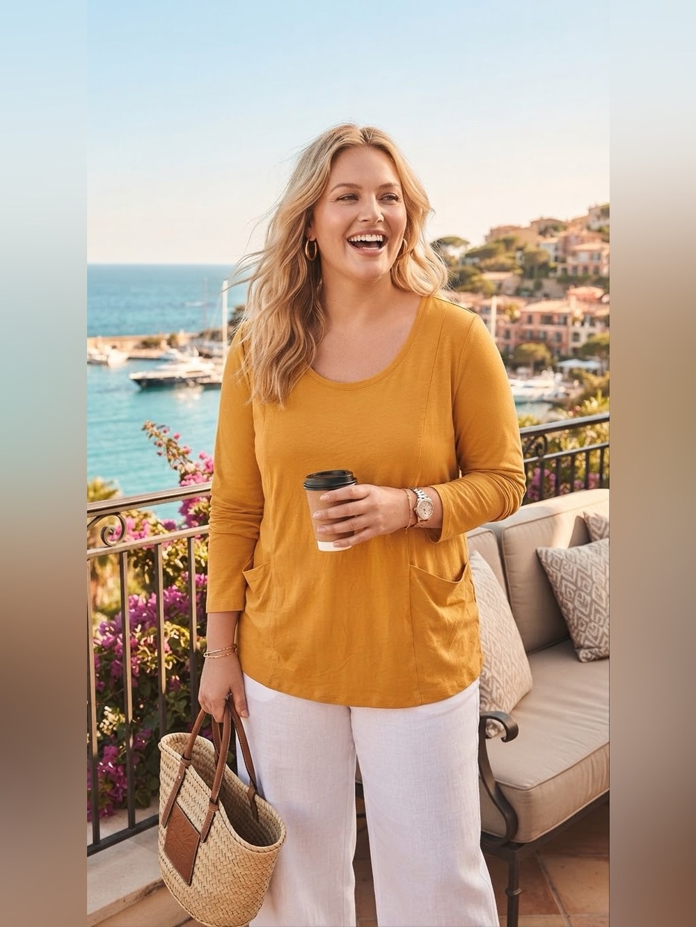 SIZE 1X Isaac Mizrahi Live!® NEW Women's Mustard Yellow Pocket T-Shirt Cotton